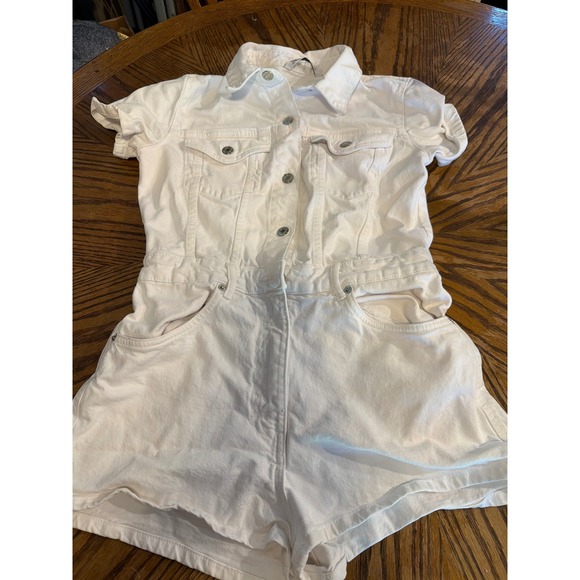 Zara Pants - Zara White Denim Short Romper Utility Button Front Playsuit Womens Size Medium
